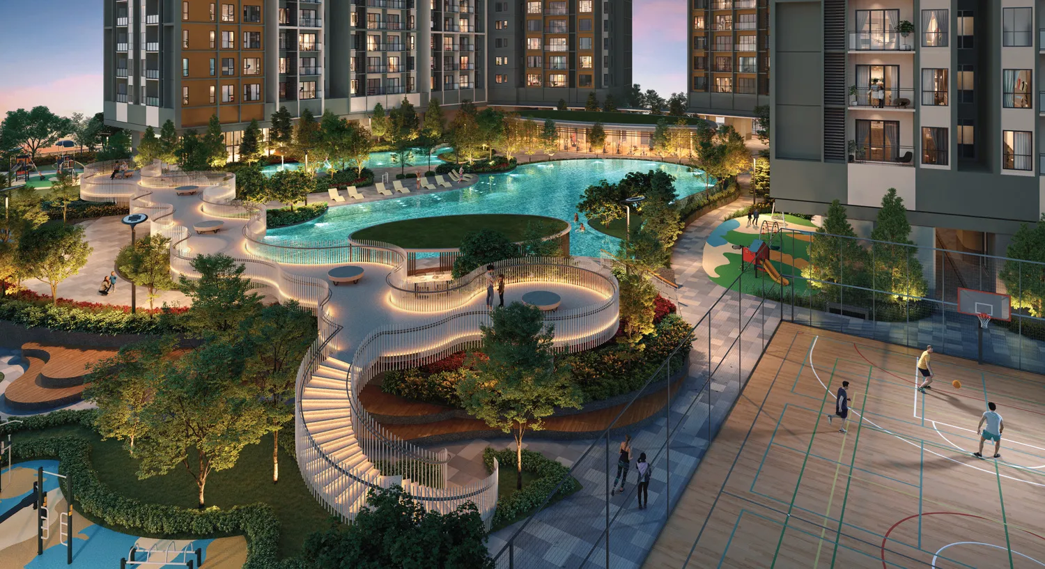 AndaBreeze Residences Level 9 lagoon pool, raised walkway and multi-sport court, Batu Kawan — artist's impression