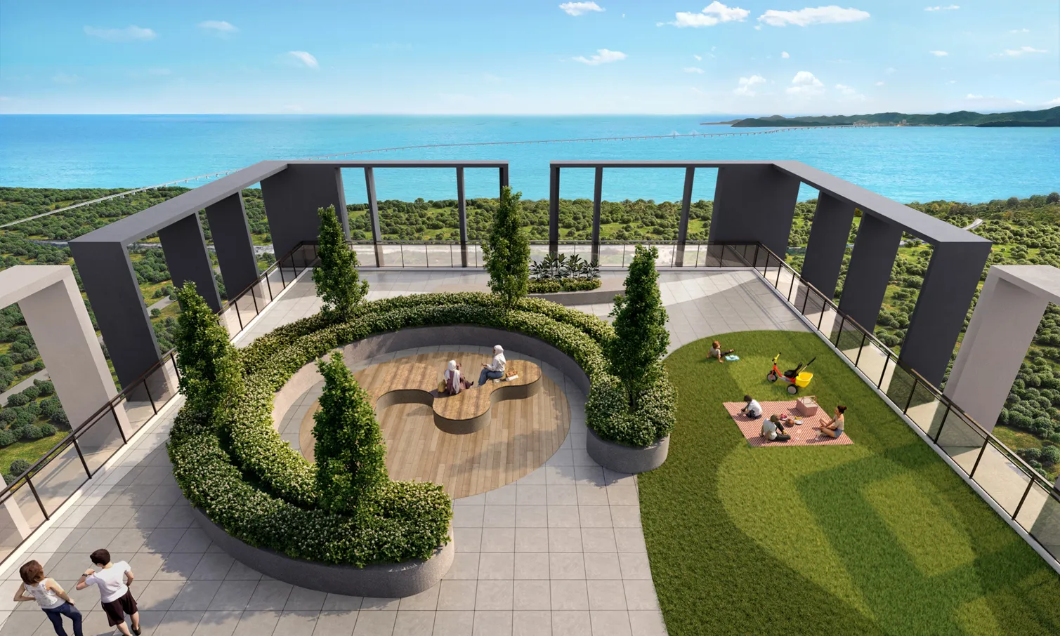 AndaBreeze Residences rooftop sky garden looking toward the Second Penang Bridge — artist's impression