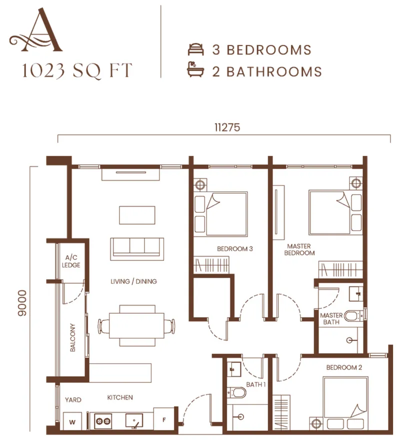 AndaBreeze Residences Type A floor plan — 1,023 sq ft, three bedrooms, two bathrooms and a yard, Bandar Cassia, Penang