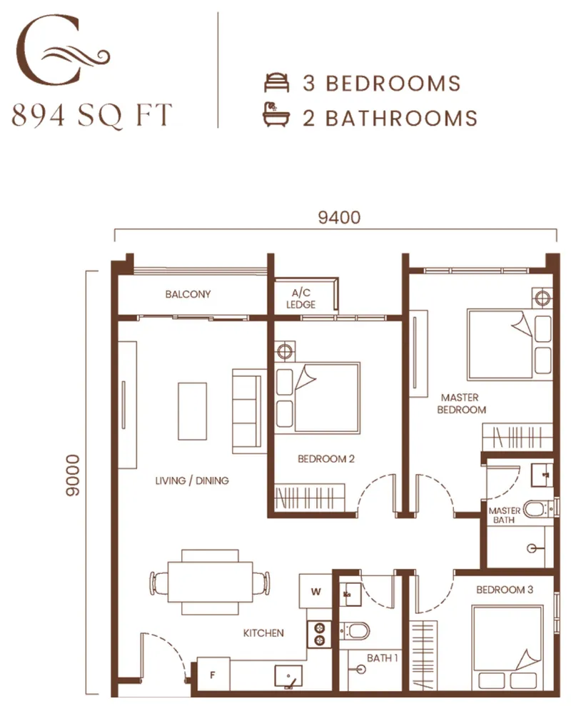 AndaBreeze Residences Type C floor plan — 894 sq ft, three bedrooms and two bathrooms, Bandar Cassia, Penang