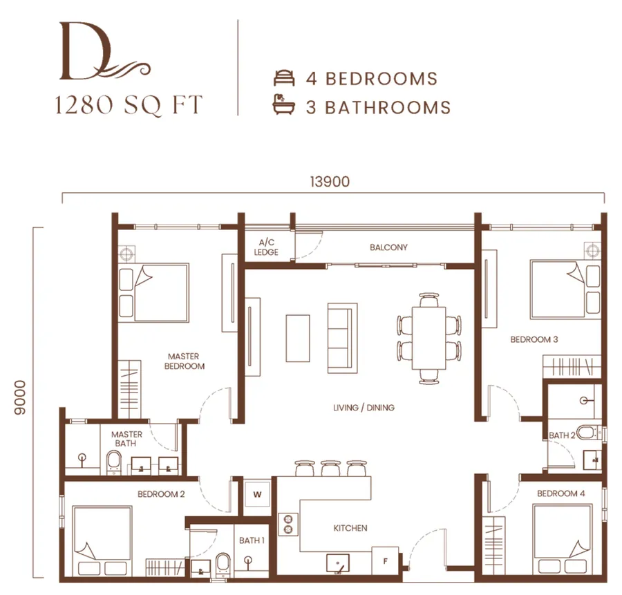 AndaBreeze Residences Type D floor plan — 1,280 sq ft, four bedrooms and three bathrooms, Bandar Cassia, Penang