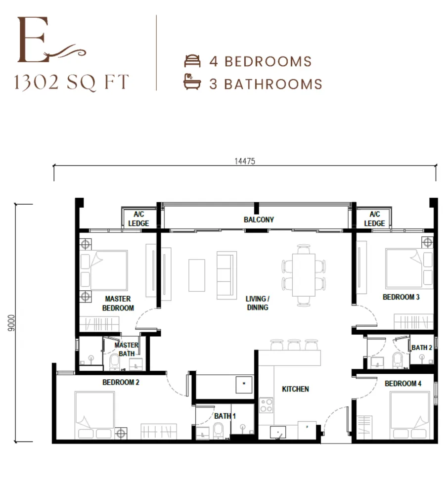 AndaBreeze Residences Type E floor plan — 1,302 sq ft, four bedrooms and three bathrooms with two A/C ledges, Bandar Cassia, Penang