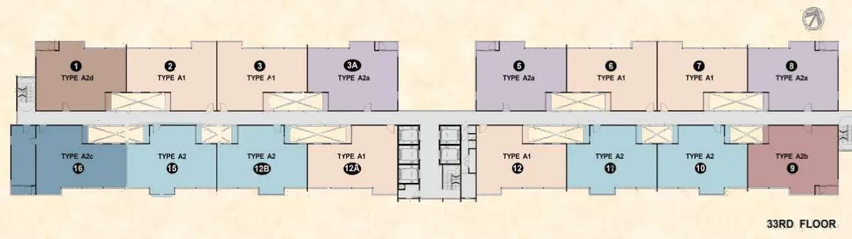 Anggun Residences 33 楼平面图(最高住宅层),1 号单位为 A2d 型