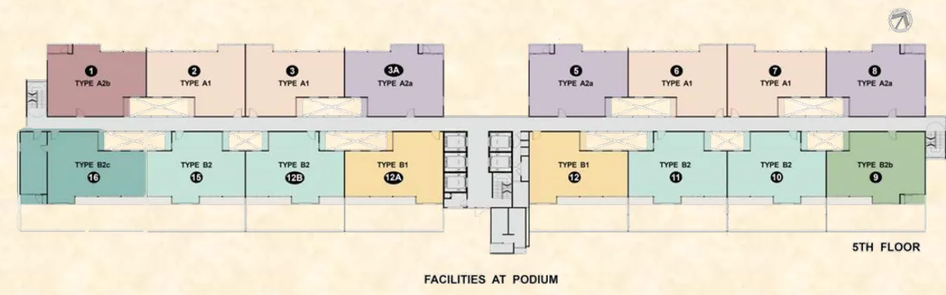 Anggun Residences 五楼平面图:东南侧为带私家花园的 B1、B2、B2b、B2c,西北侧为 A 型