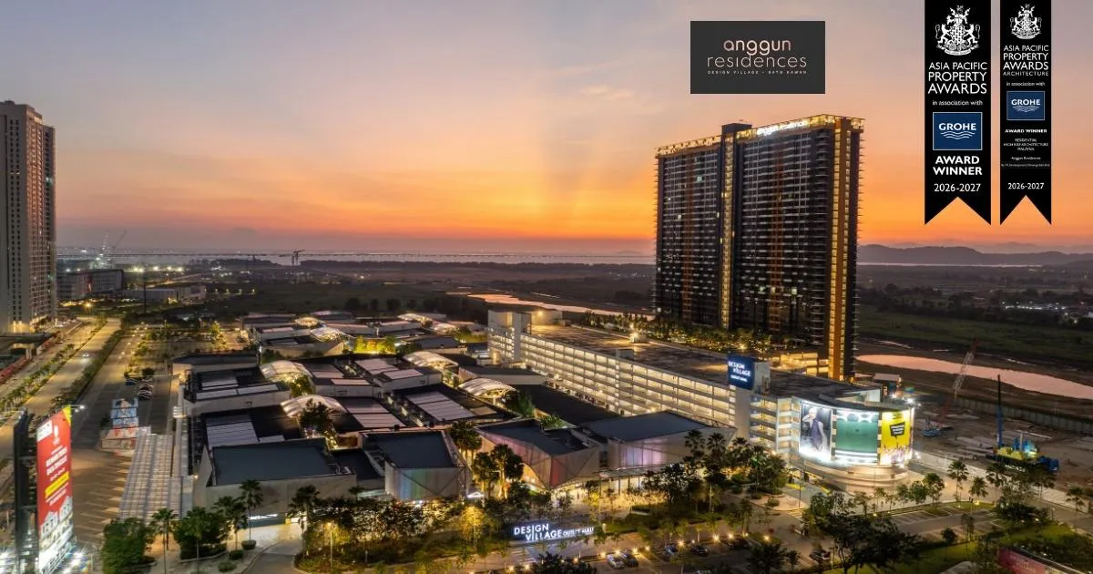 Anggun Residences 黄昏实拍,前方为 Design Village 名品购物城,槟城峇都加湾