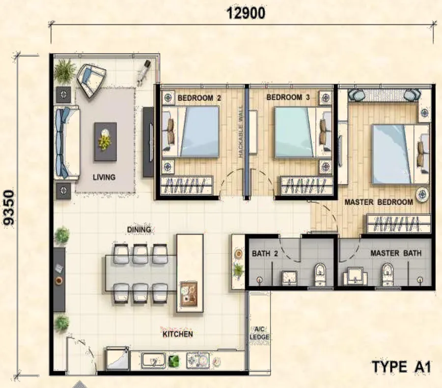 Anggun Residences A1 户型图——1,045 平方尺,三房两卫,槟城峇都加湾