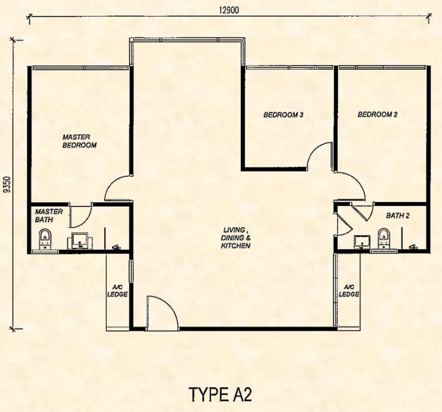 Anggun Residences A2 户型图——1,045 平方尺,三房两卫,槟城峇都加湾
