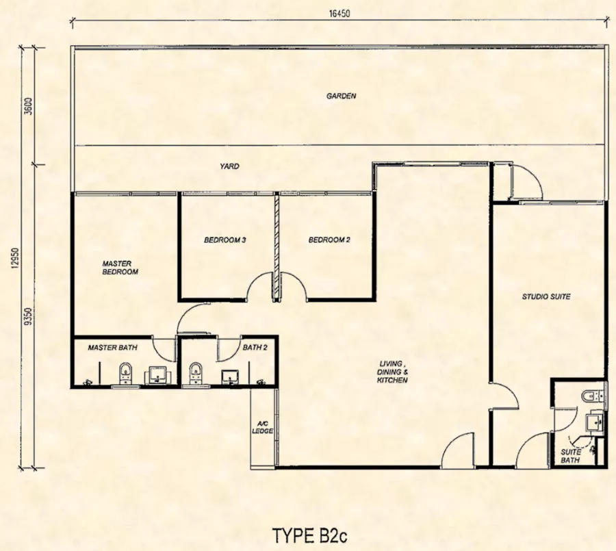 Anggun Residences B2c 户型图——1,400 平方尺双钥匙,三房加单间套房,五楼私家花园,槟城峇都加湾