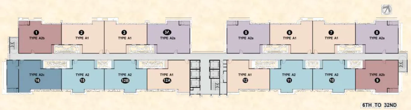 Anggun Residences 标准层平面图(6–32 楼):每层 16 户,A1、A2、A2a、A2b、A2c