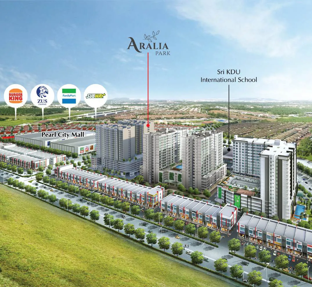 Aralia Park 鸟瞰效果图,位于 Pearl City Mall 与 Sri KDU 国际学校之间,槟城新邦安拔