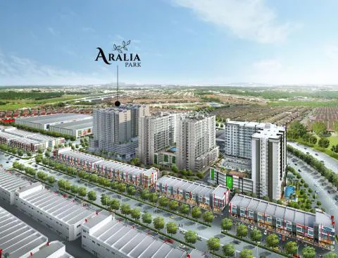 Aralia Park 与 Pearl City 店屋及排屋区鸟瞰效果图,槟城新邦安拔
