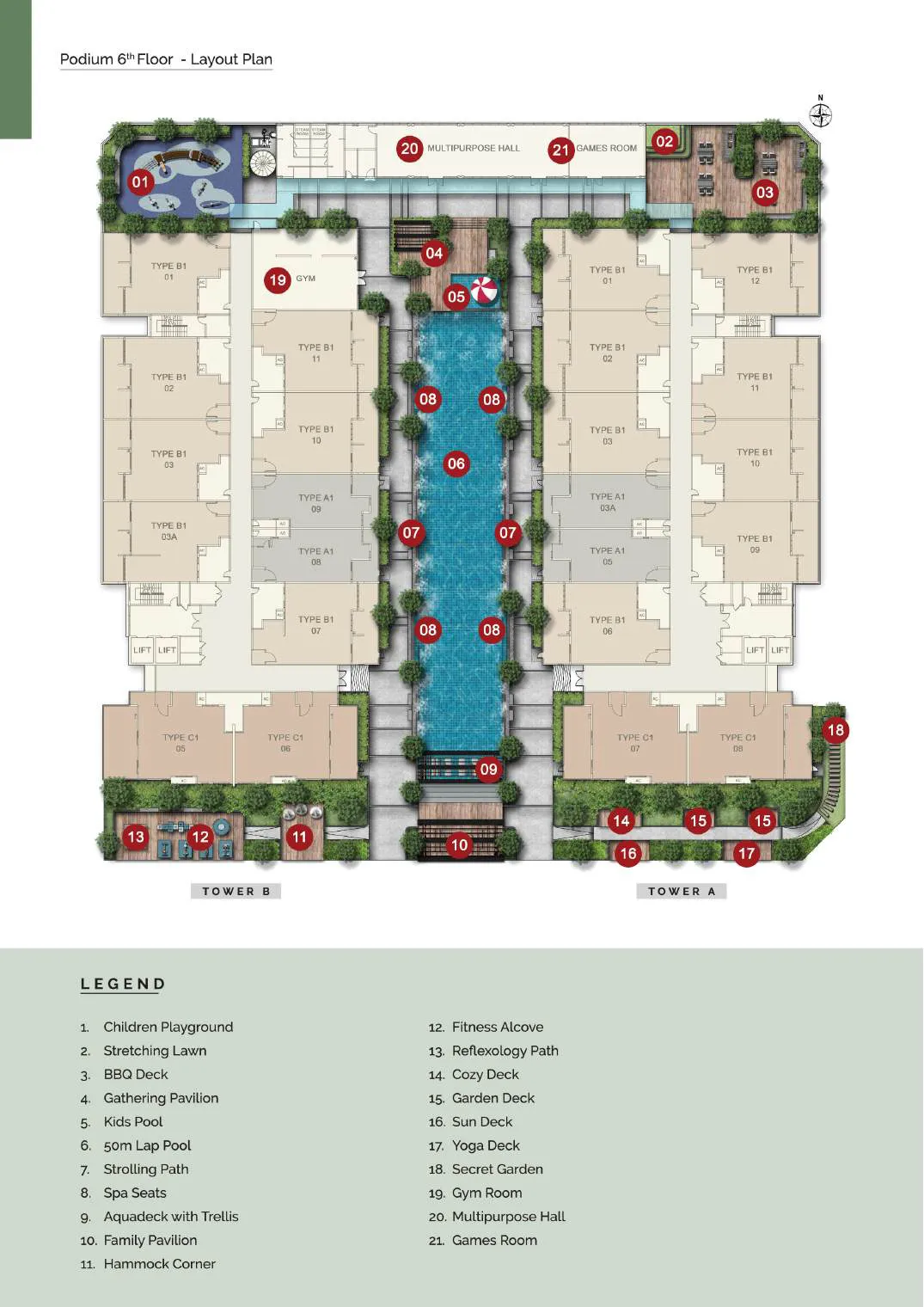 Aralia Park 六楼平台设施平面图,A 座与 B 座之间共 21 项设施