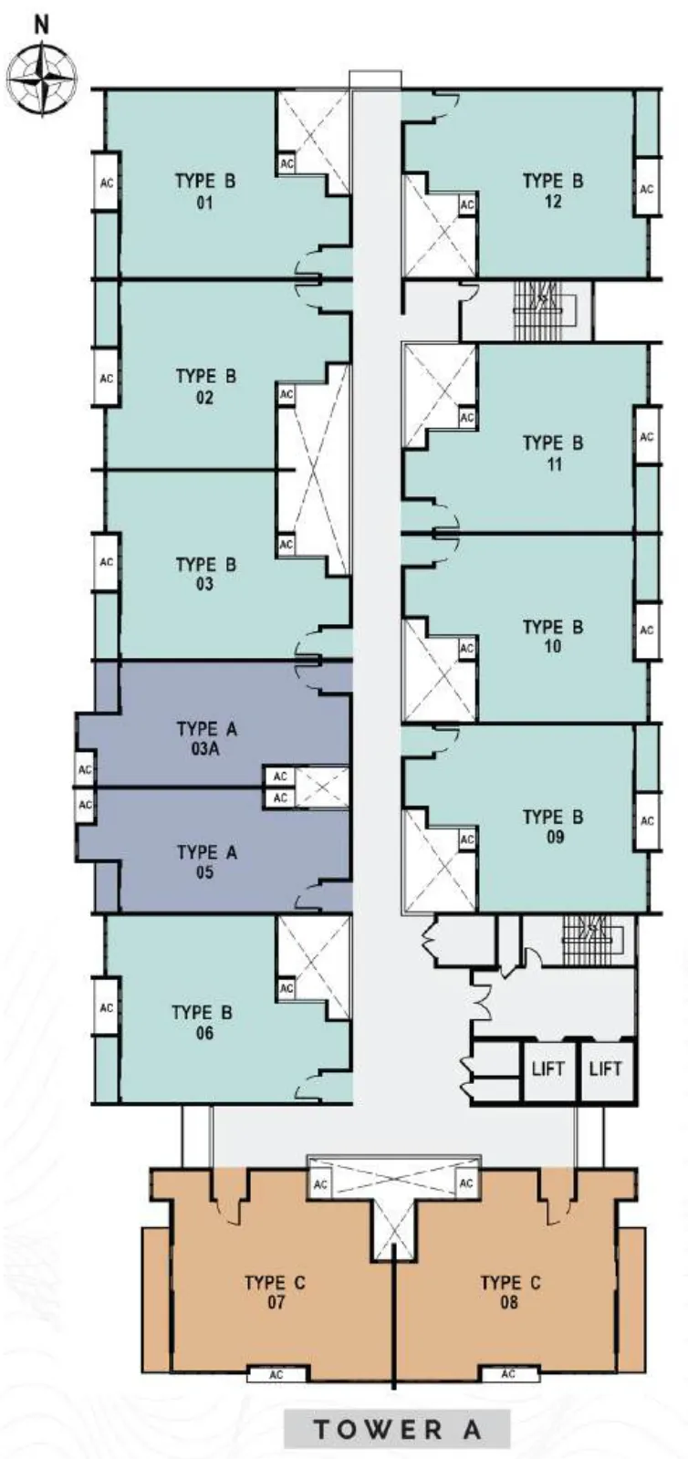 Aralia Park A 座 7–20 楼平面图,每层 12 户,标示北向