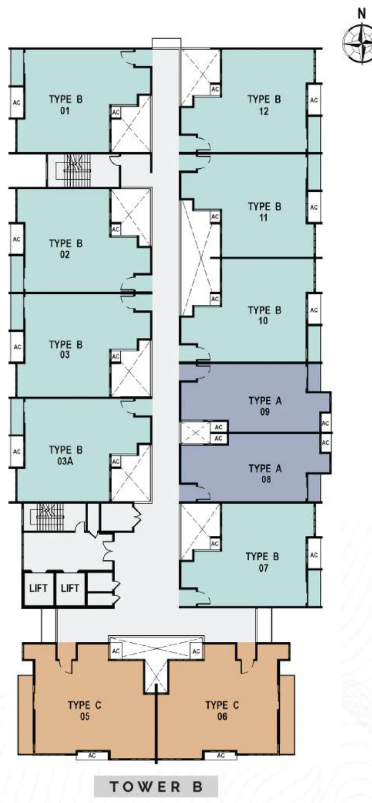 Aralia Park B 座 7–20 楼平面图,靠 Sri KDU 国际学校一侧