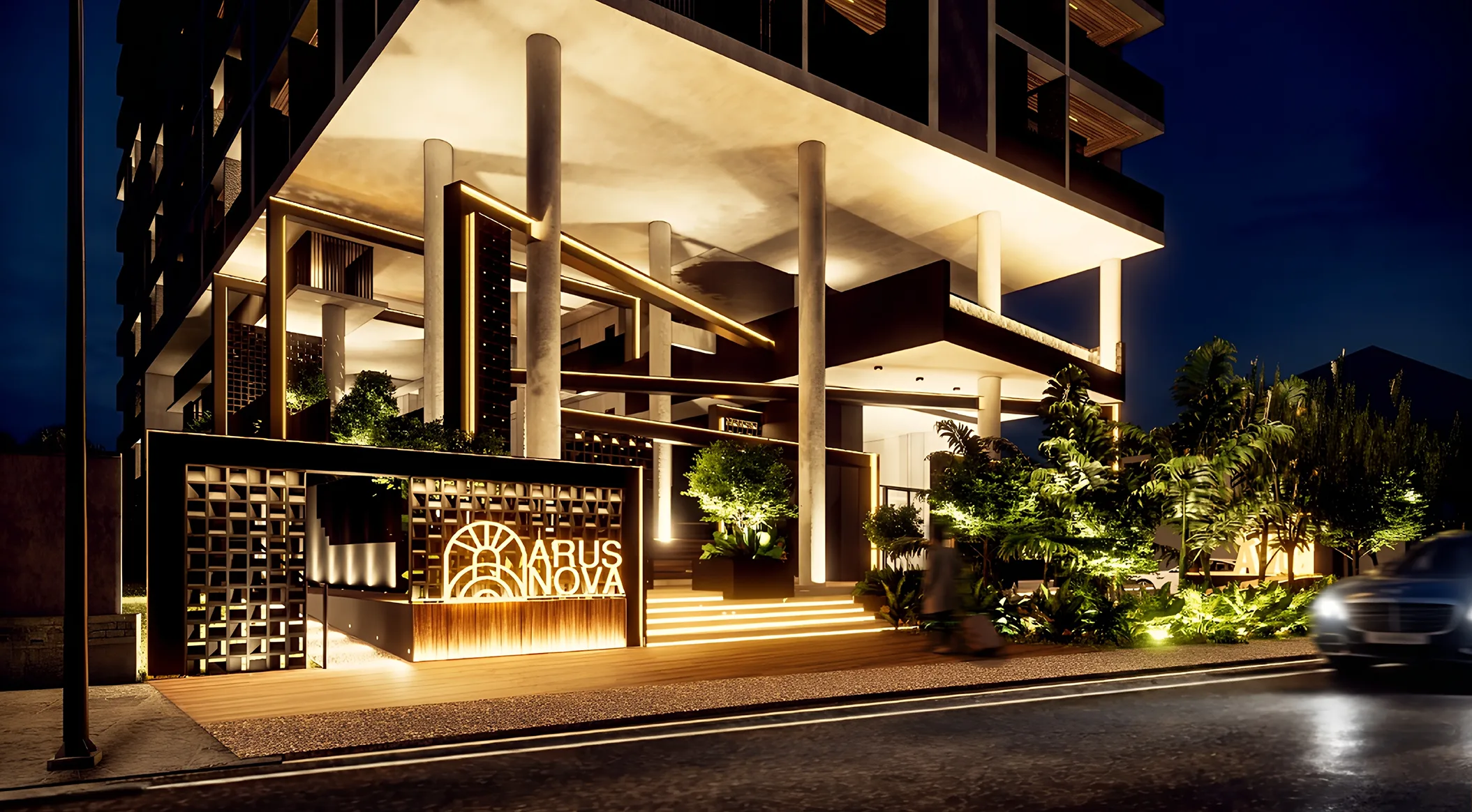 Street entrance and signage at night at Arus Nova, Jalan Tanjung Aru, Kota Kinabalu, Sabah