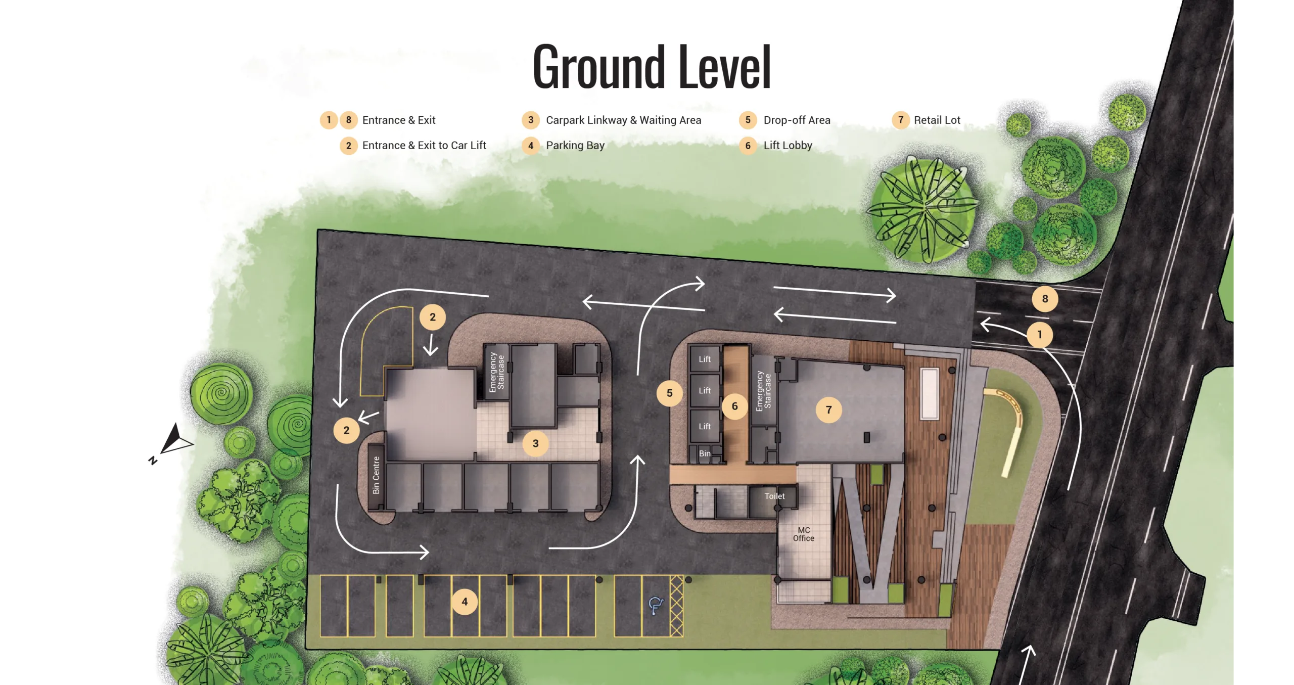 Ground level plan: drop-off, car lift and parking bays at Arus Nova, Jalan Tanjung Aru, Kota Kinabalu, Sabah