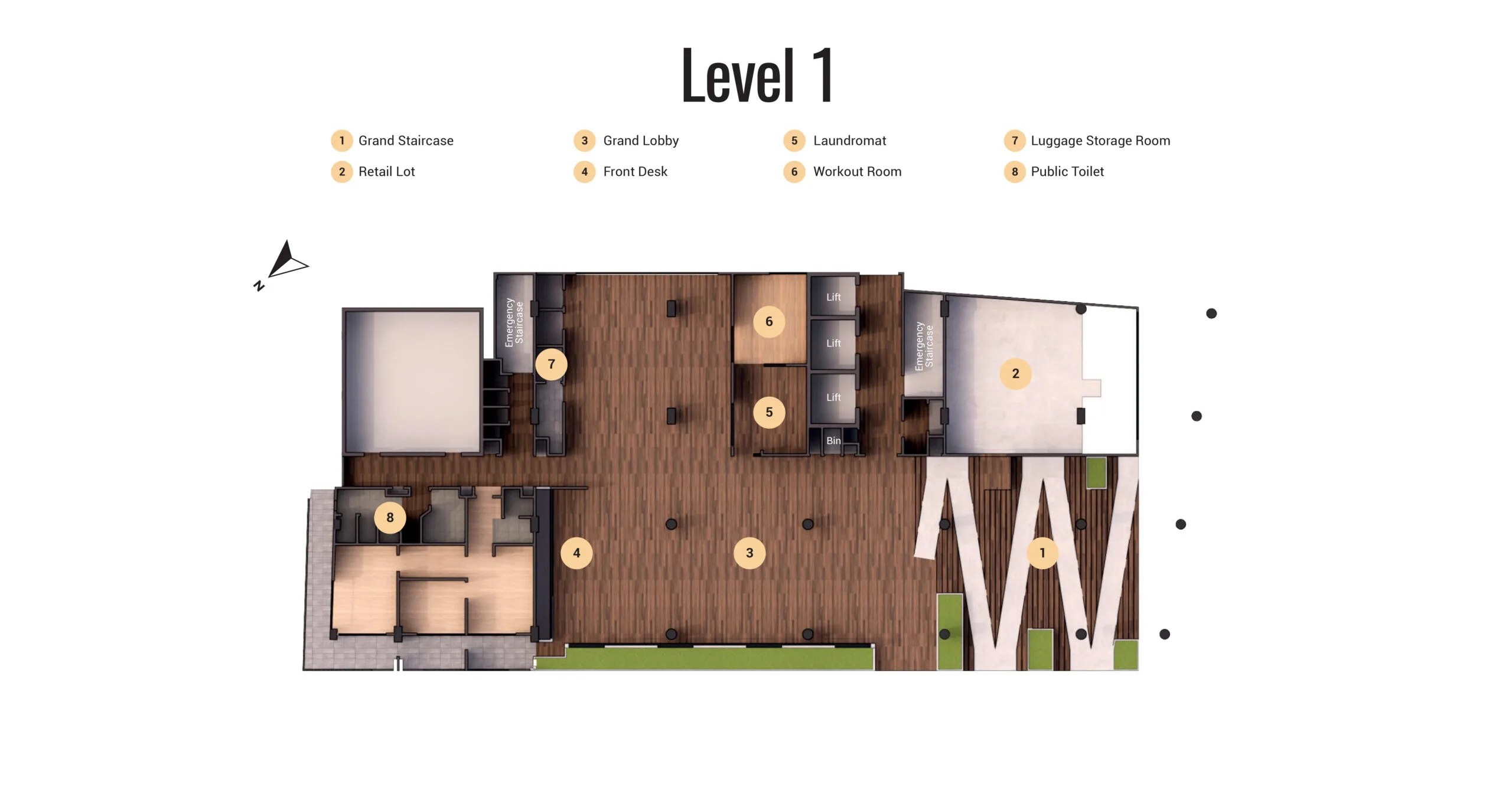Level 1 plan: lobby, front desk, laundromat, workout room at Arus Nova, Jalan Tanjung Aru, Kota Kinabalu, Sabah