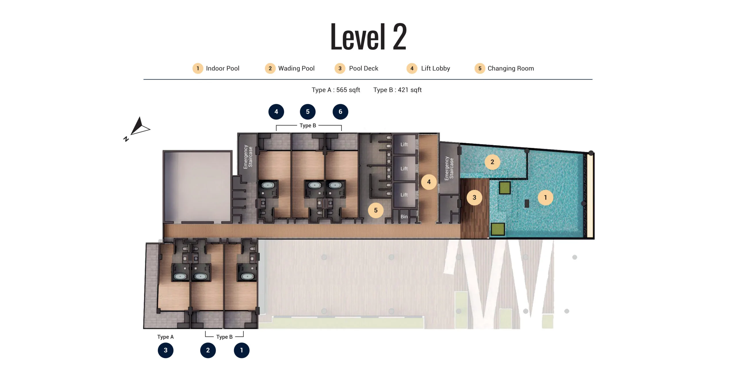 Level 2 plan: indoor pool, wading pool and six suites at Arus Nova, Jalan Tanjung Aru, Kota Kinabalu, Sabah