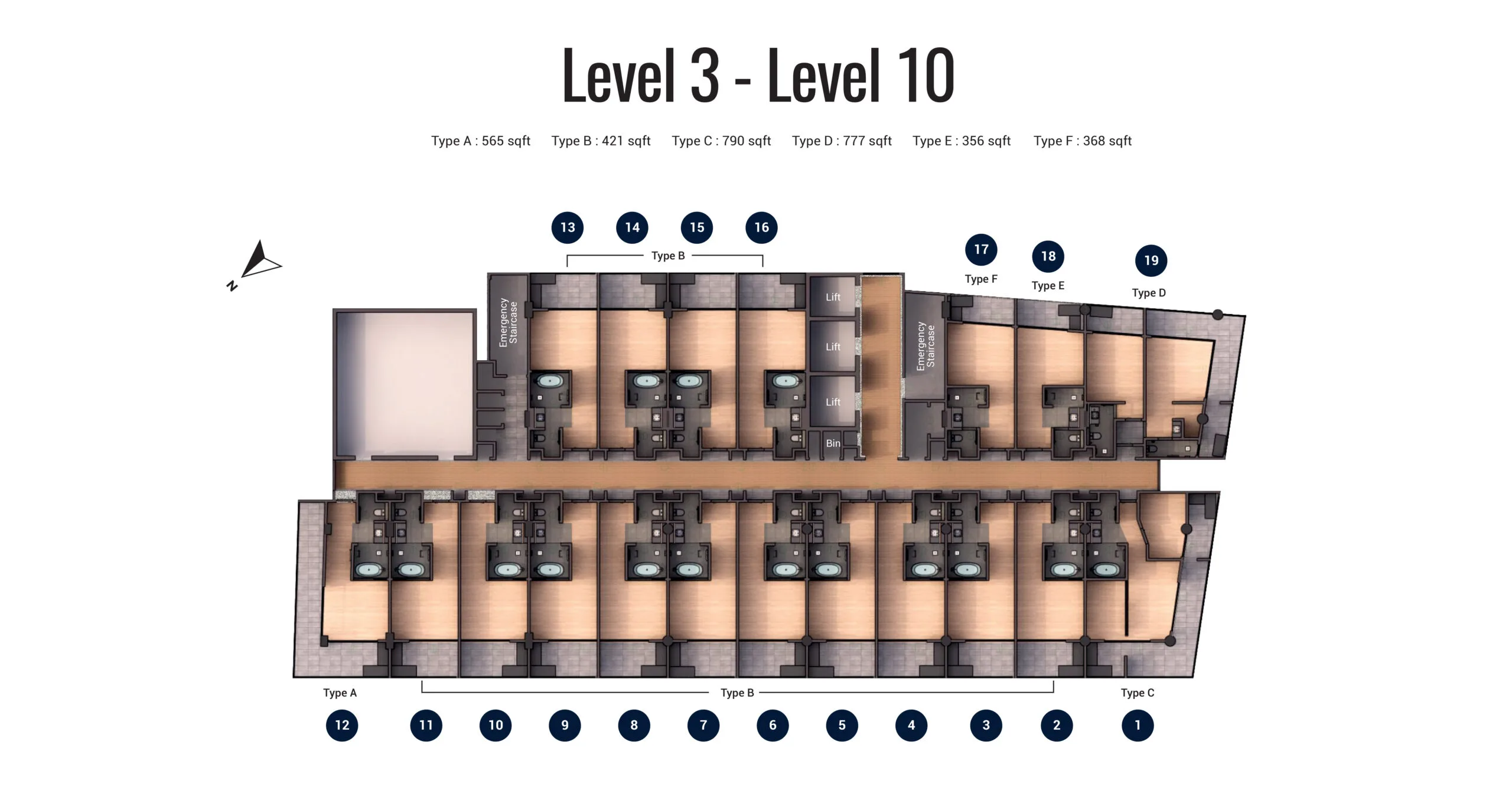 Typical floor, Levels 3 to 10: nineteen suites per floor at Arus Nova, Jalan Tanjung Aru, Kota Kinabalu, Sabah