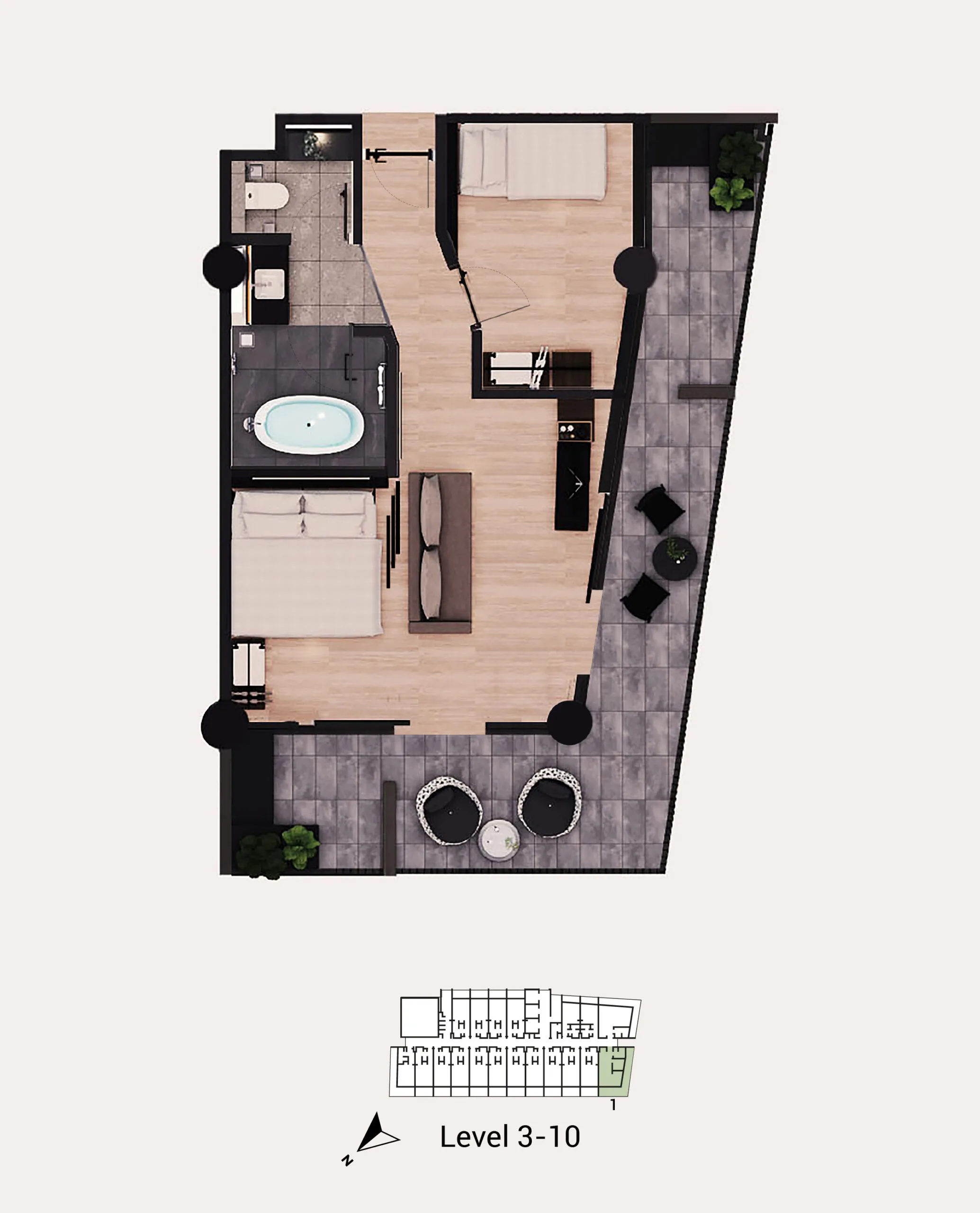 Type C unit plan 790 sq ft two bedroom corner suite at Arus Nova, Jalan Tanjung Aru, Kota Kinabalu, Sabah