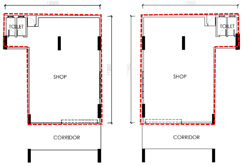 Aston Acacia 1,114 sq ft corner ground-floor shop layout G-1 and G-19, 10.5 m frontage, two toilets, Bukit Mertajam