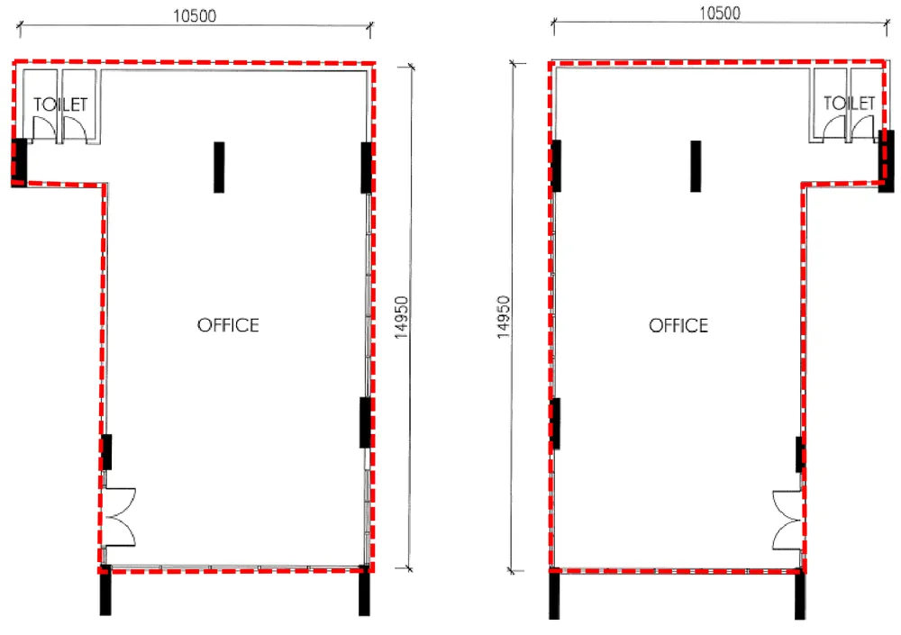 Aston Acacia 1,372 sq ft corner Level 2 office layout 1-1 and 1-19, 10.5 m by 14.95 m, two toilets, Bukit Mertajam