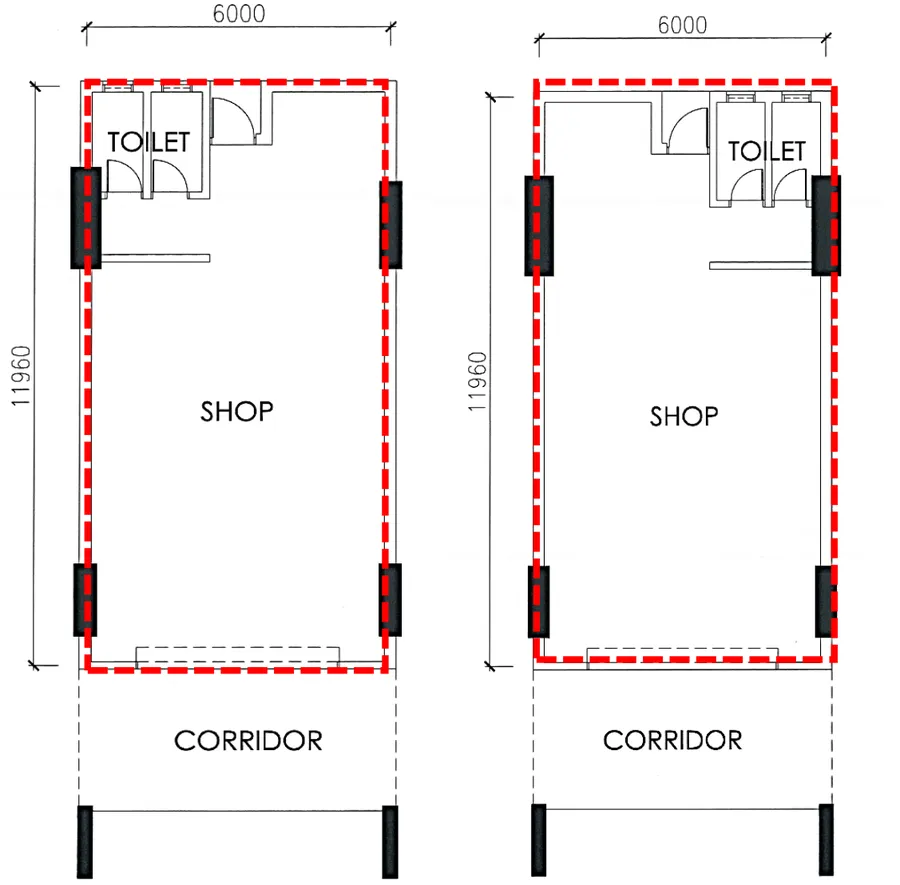 Aston Acacia 773 sq ft intermediate ground-floor shop layout G-2 to G-18, 6 m by 11.96 m, two toilets, Bukit Mertajam