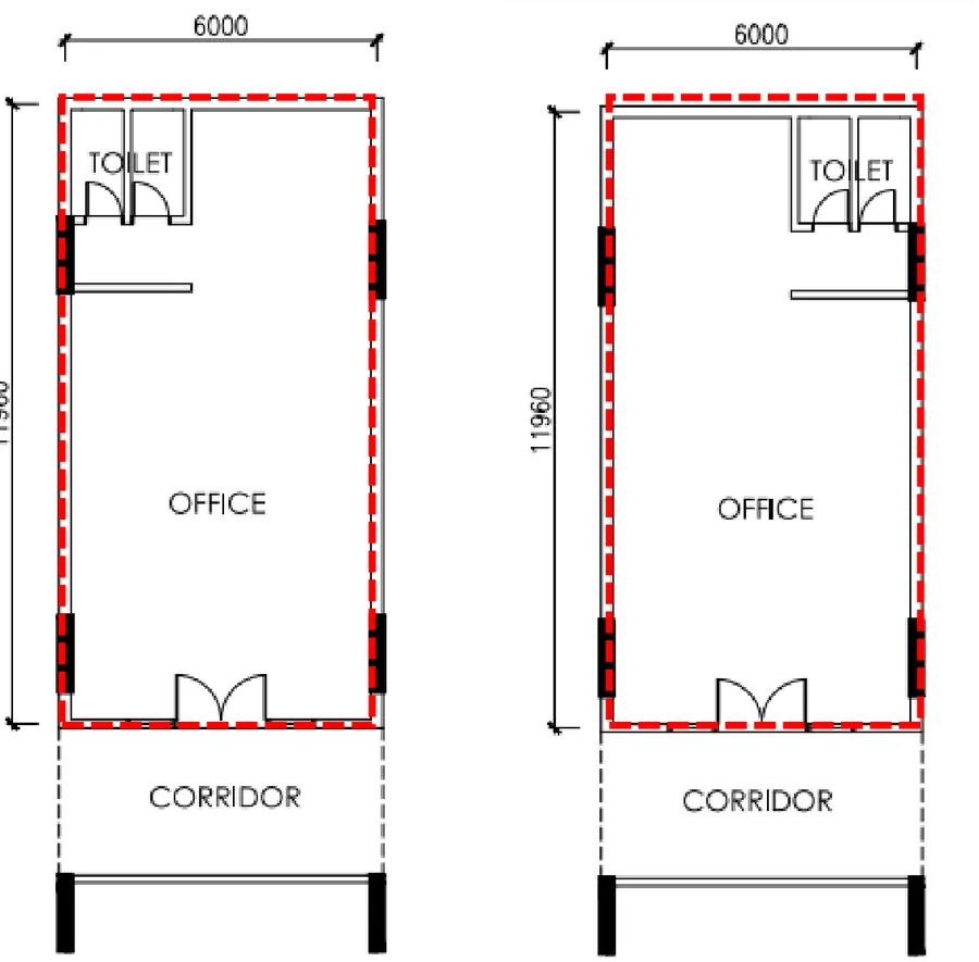 Aston Acacia 773 sq ft intermediate Level 2 office layout 1-2 to 1-18 with glass double door to the corridor, Bukit Mertajam