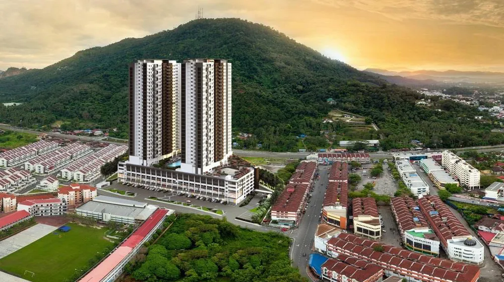 Aston Acacia towers rising from the shop-office and car-park podium, seen from the air over Bukit Mertajam, Penang