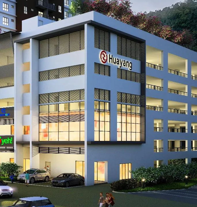 Aston Acacia Shop Offices corner block with the Huayang signage and multi-storey car park, Bukit Mertajam — artist's impression