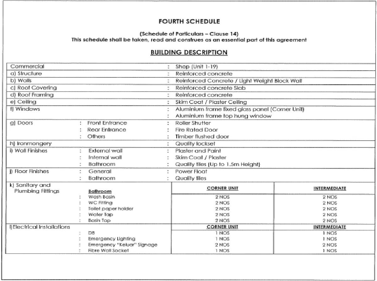 Aston Acacia ground-floor shop unit building description schedule — roller shutter front, fire-rated rear door, power-float floor, Bukit Mertajam