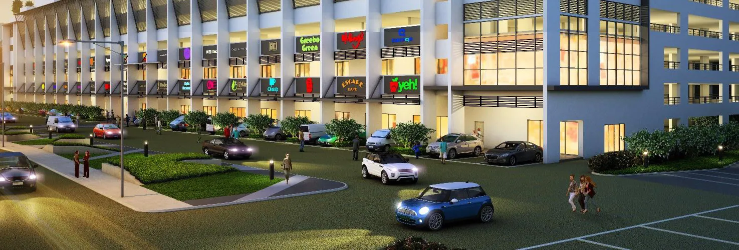 Aston Acacia ground-floor shopfronts, covered verandah and surface car park along the frontage road, Bukit Mertajam — artist's impression