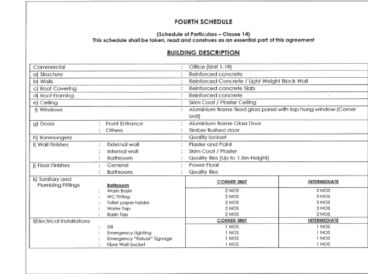 Aston Acacia Level 2 office unit building description schedule — aluminium-frame glass door, skim-coat ceiling, two toilets, Bukit Mertajam