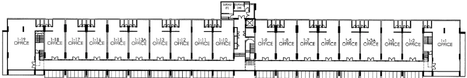 Aston Acacia Level 2 key plan showing office units 1-1 to 1-19 along a common corridor, with male and female surau, Bukit Mertajam