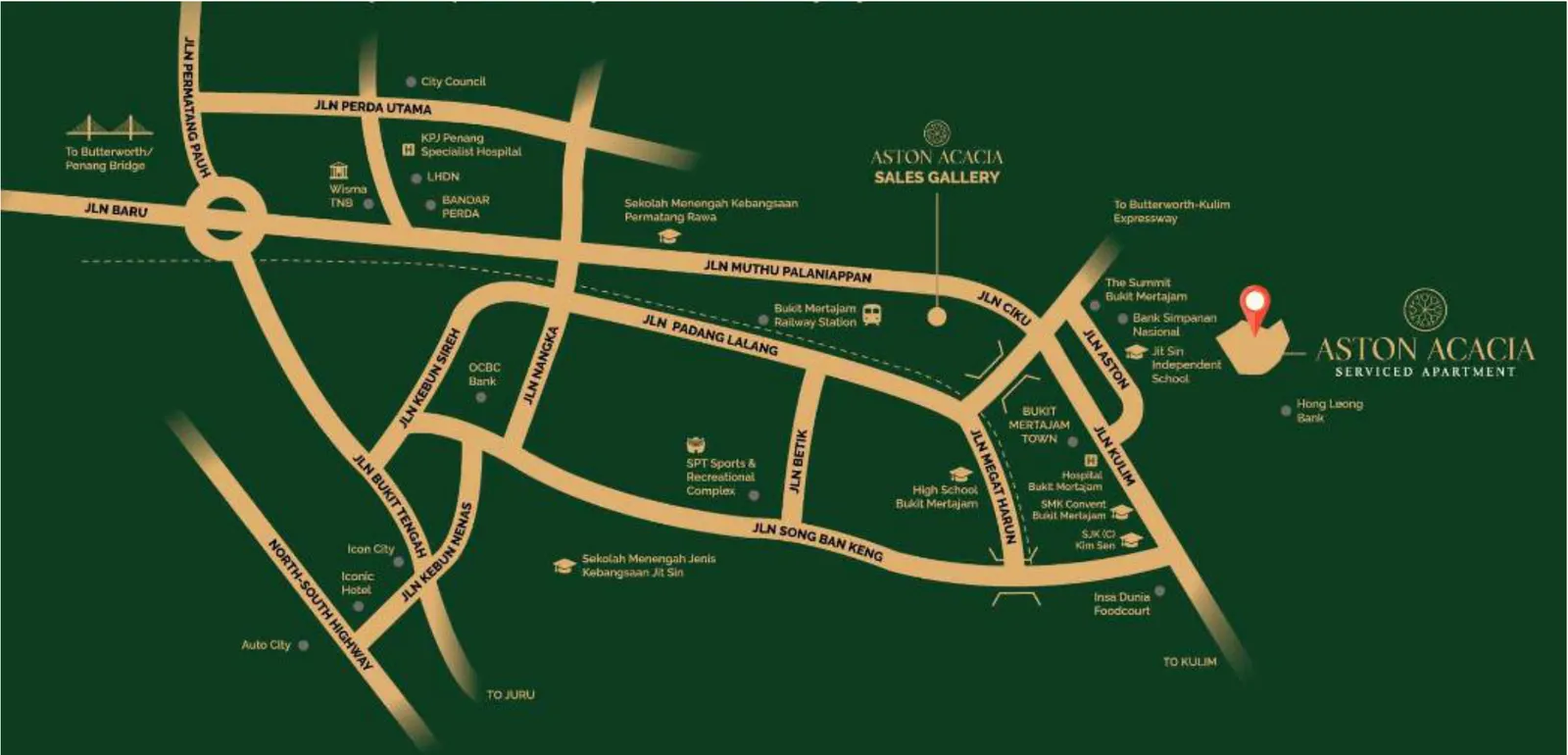 Aston Acacia location map showing Jalan Aston, Jalan Kulim, Bukit Mertajam railway station and Jit Sin Independent School, Penang