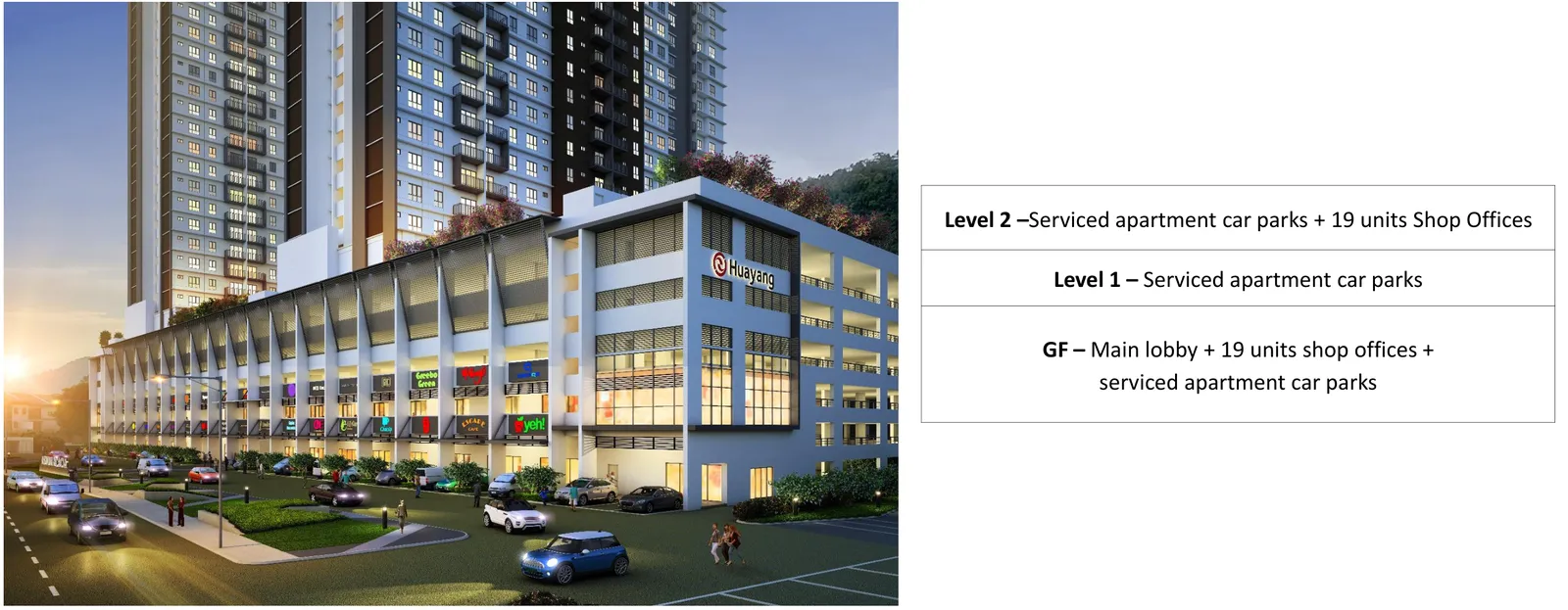 Aston Acacia podium stacking diagram: ground floor lobby and 19 shops, Level 1 car parks, Level 2 with 19 shop offices, Bukit Mertajam