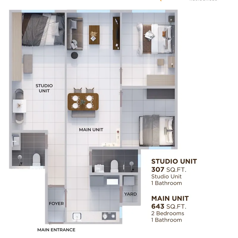 Aston Minka Residences dual-key plan — 950 sq ft split into a 643 sq ft two-bedroom main unit and a 307 sq ft studio, Bukit Mertajam
