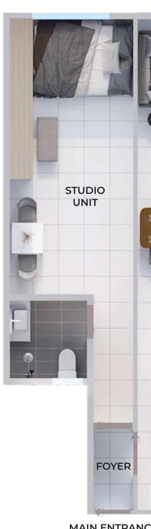 Aston Minka Residences dual-key studio portion plan — 307 sq ft with its own bath, off the shared foyer, Bukit Mertajam
