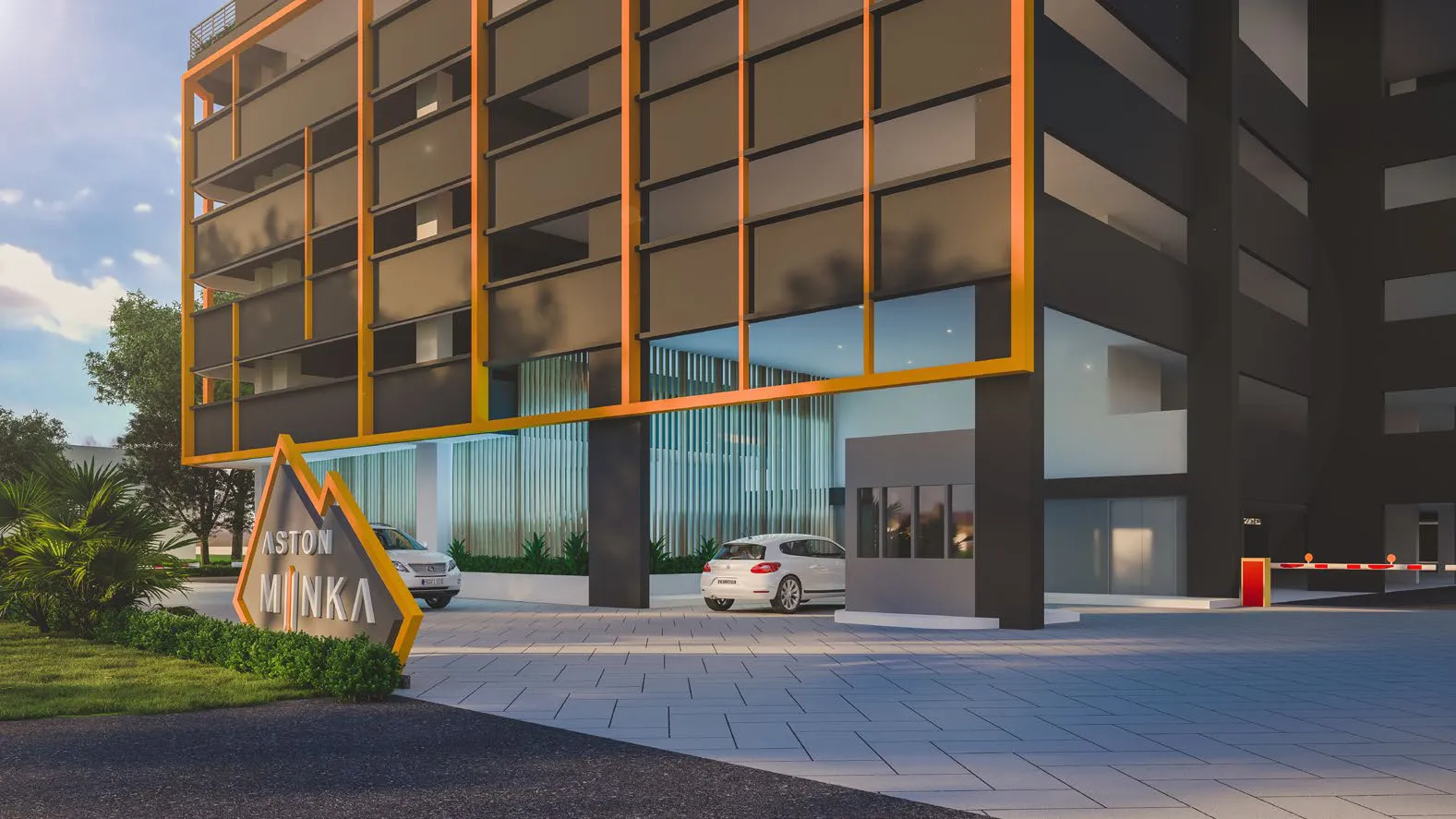 Aston Minka Residences ground-floor entrance and guardhouse with the Aston Minka sign, Bukit Mertajam — artist's impression