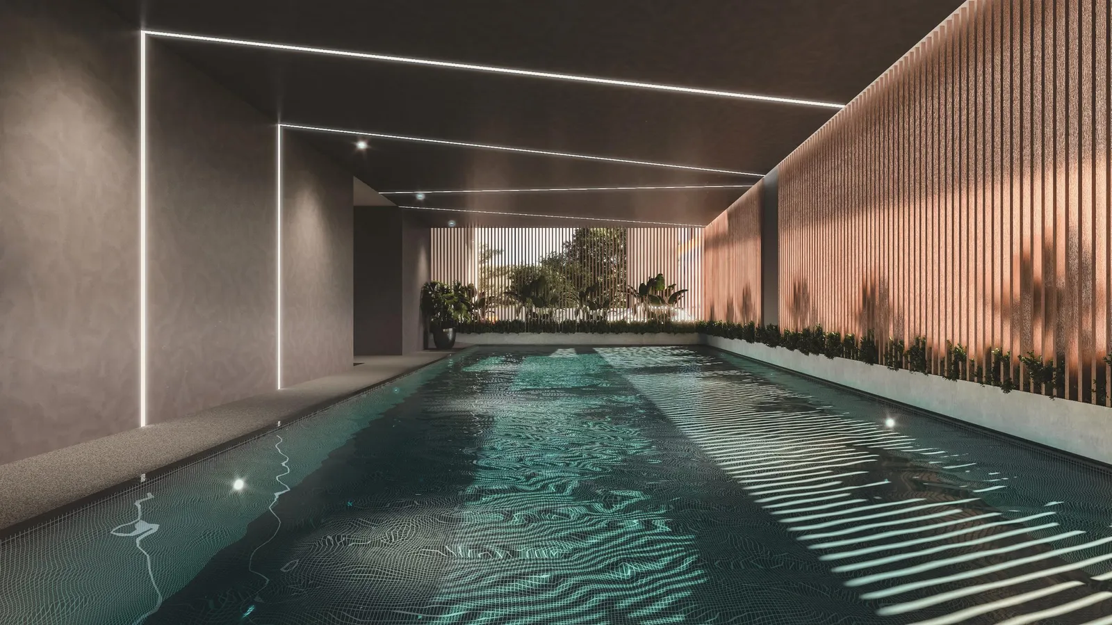 Aston Minka Residences ground-floor lap pool, about 16.6 m by 5.2 m, Bukit Mertajam — artist's impression