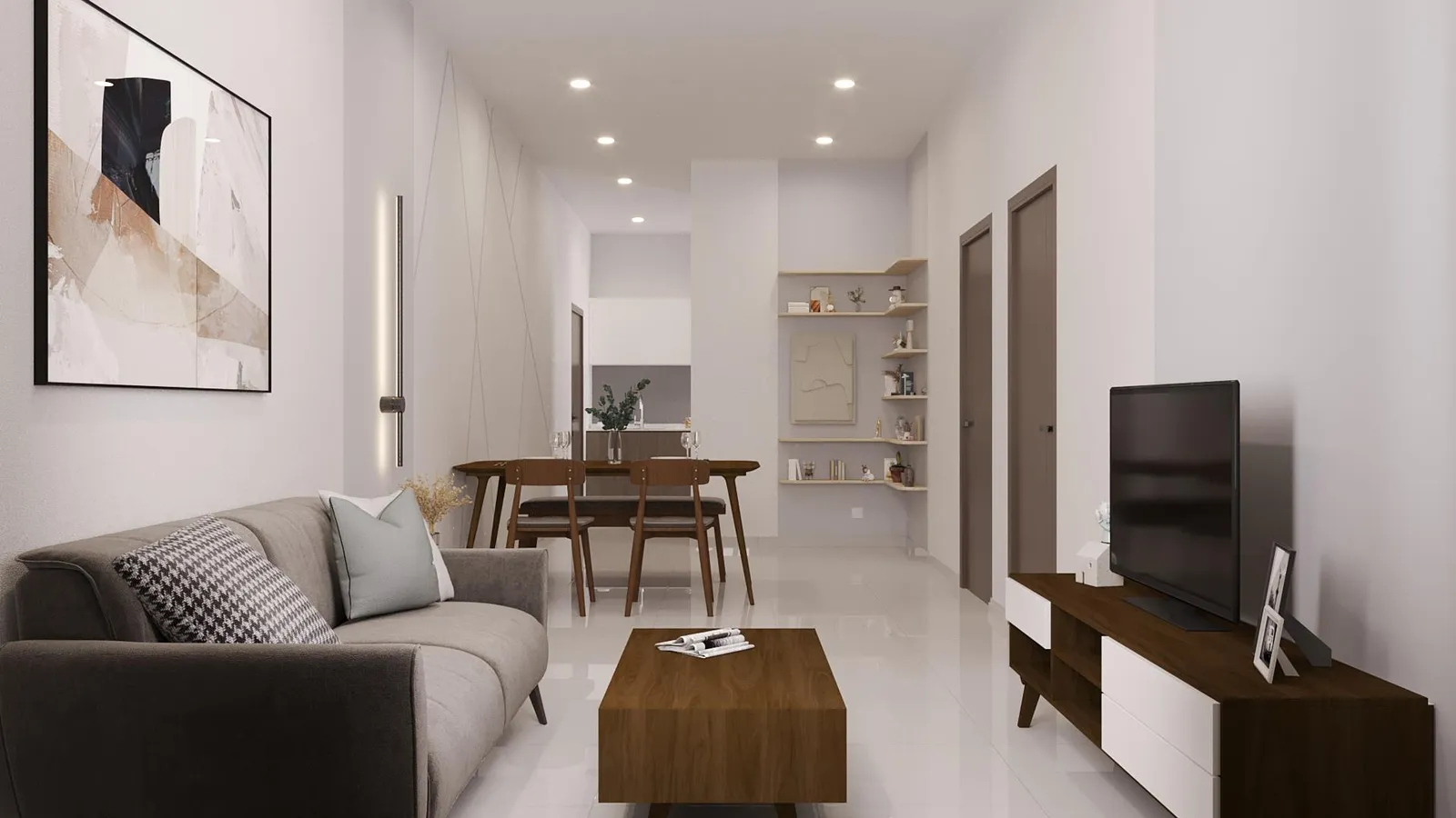 Aston Minka Residences living and dining area interior design concept looking toward the foyer, Bukit Mertajam