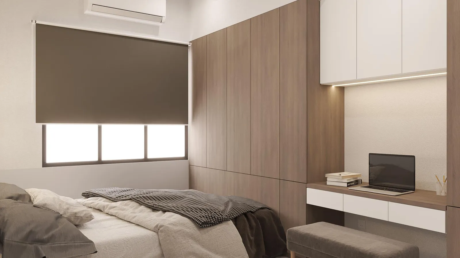 Aston Minka Residences master bedroom interior design concept with built-in wardrobe and desk, Bukit Mertajam