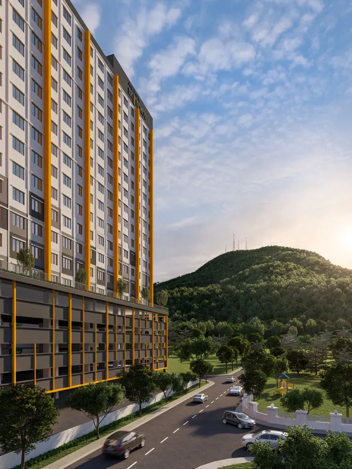 Aston Minka Residences tower with Bukit Mertajam hill behind, seen from the road, Penang — artist's impression