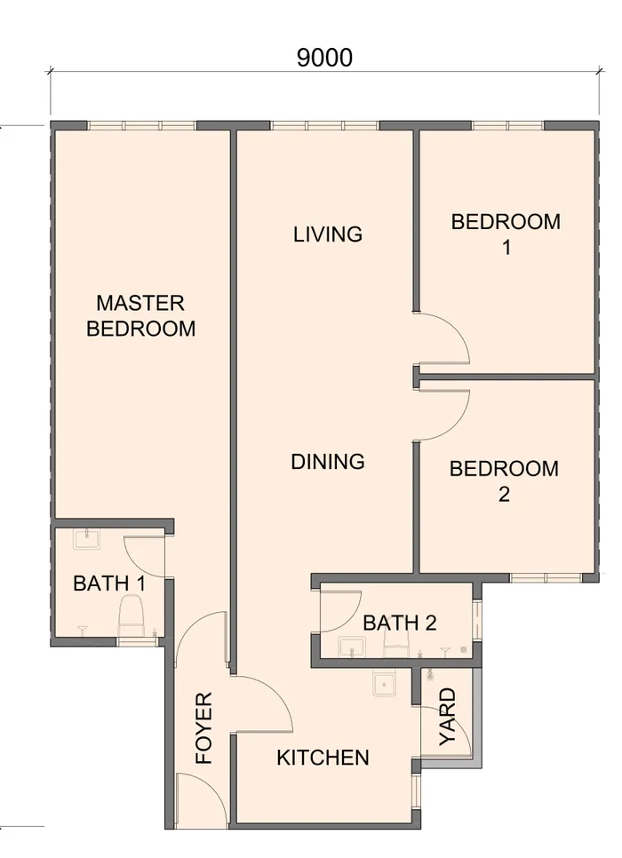 Aston Minka Residences typical unit floor plan — 950 sq ft, master bedroom, two bedrooms, two baths, kitchen and yard, Bukit Mertajam