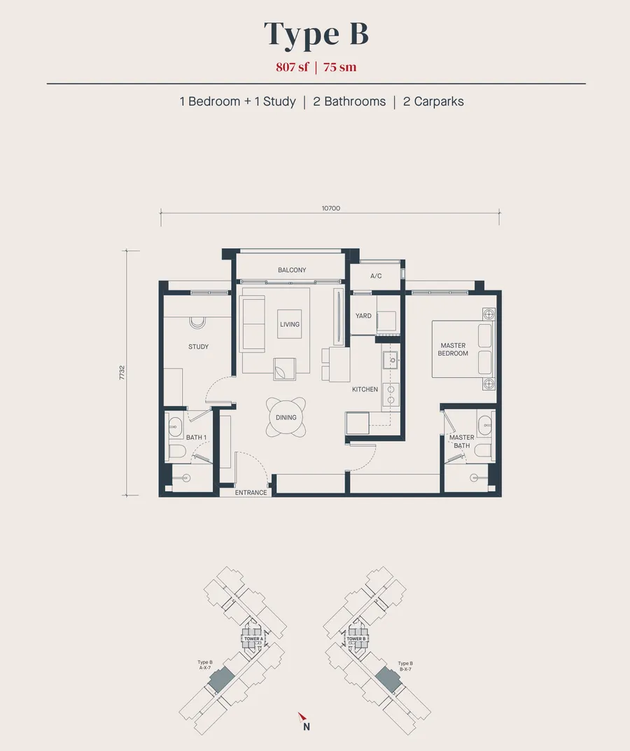 Avéa B 型户型图——807 平方尺，一房加书房，两浴室，槟城安达曼岛