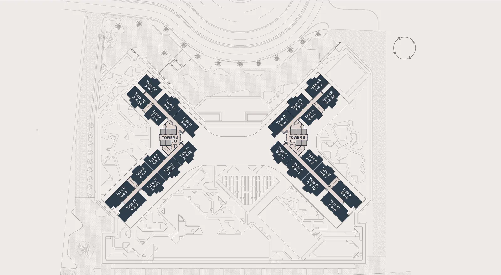 Avéa A 座与 B 座标准层单位分布图，每层 12 户，槟城安达曼岛