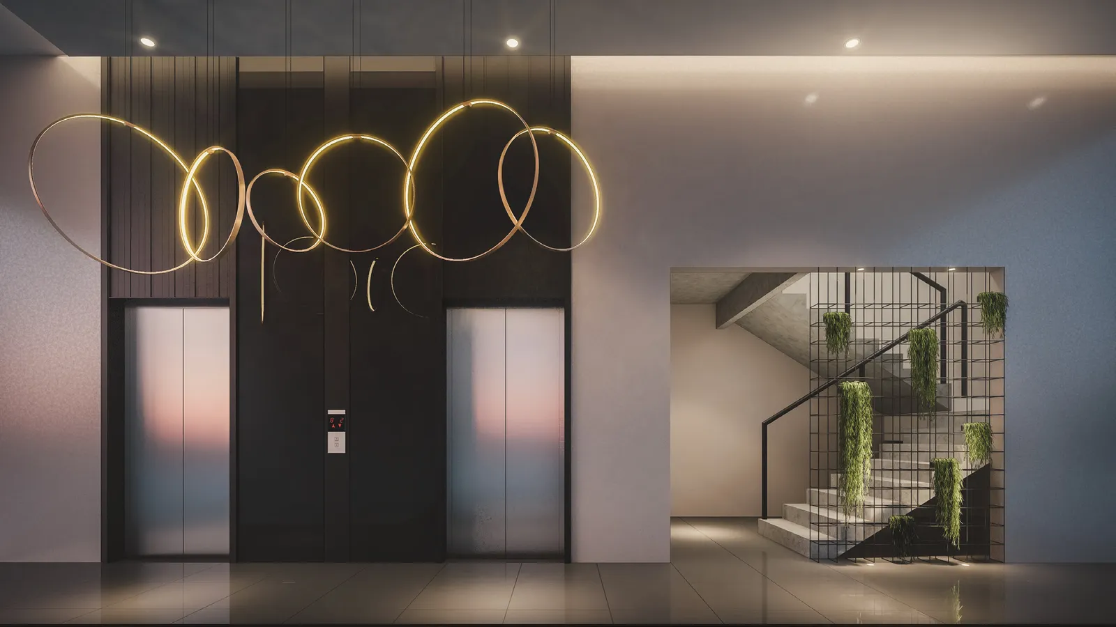 Ayana Residence lift lobby with feature ring lighting, Butterworth, Penang — artist's impression