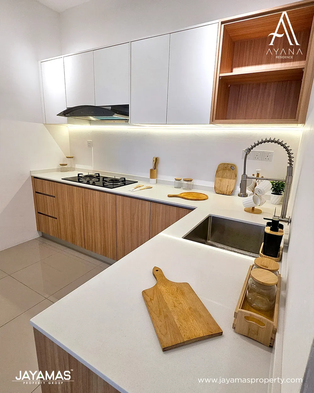 Ayana Residence show unit kitchen with L-shaped counter, Butterworth — actual photo April 2026