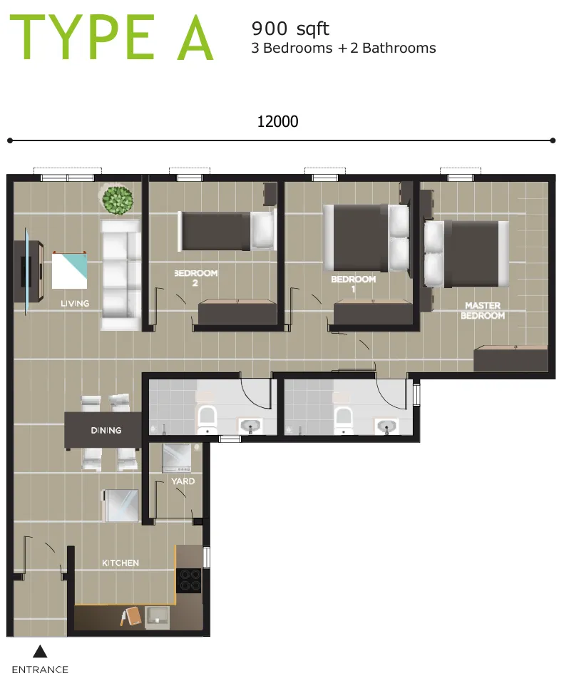Ayana Residence Type A floor plan — 900 sq ft, three bedrooms and two bathrooms, corner unit, Butterworth, Penang