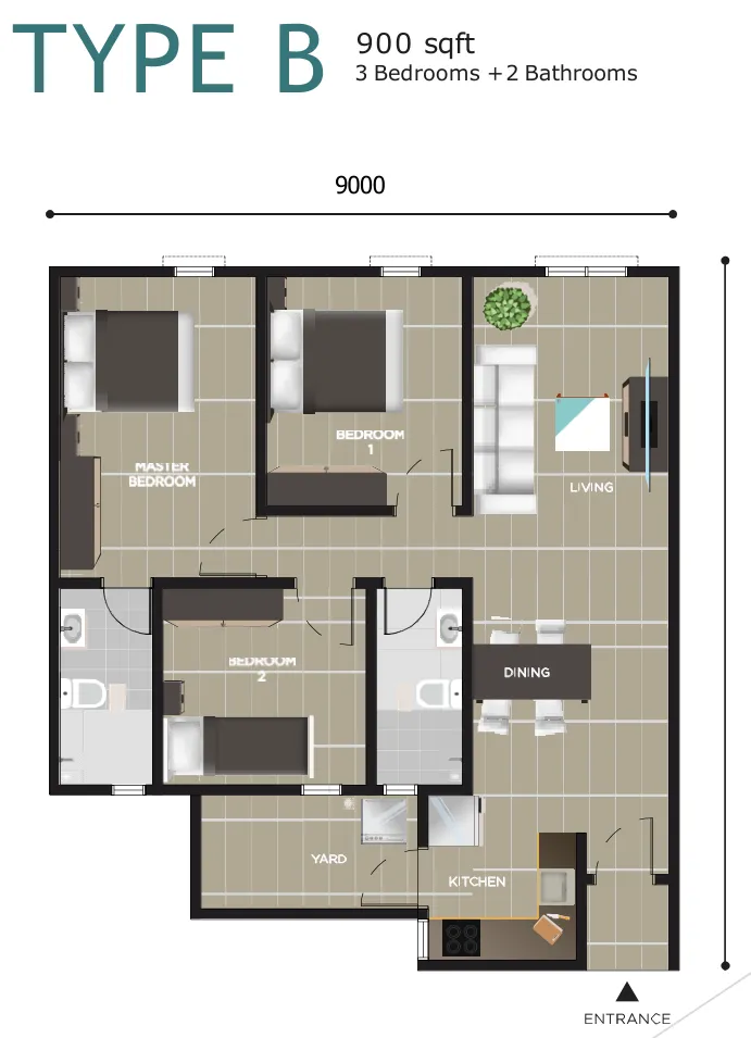 Ayana Residence Type B floor plan — 900 sq ft, three bedrooms and two bathrooms, mid-corridor unit, Butterworth, Penang